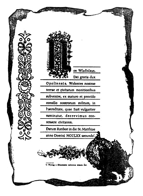 Stylizowany na „średniowieczny” fragment tekstu  z dokumentu Księcia Władysława zamieszczony  w „Informatorze TMMŻ” nr 10/77.