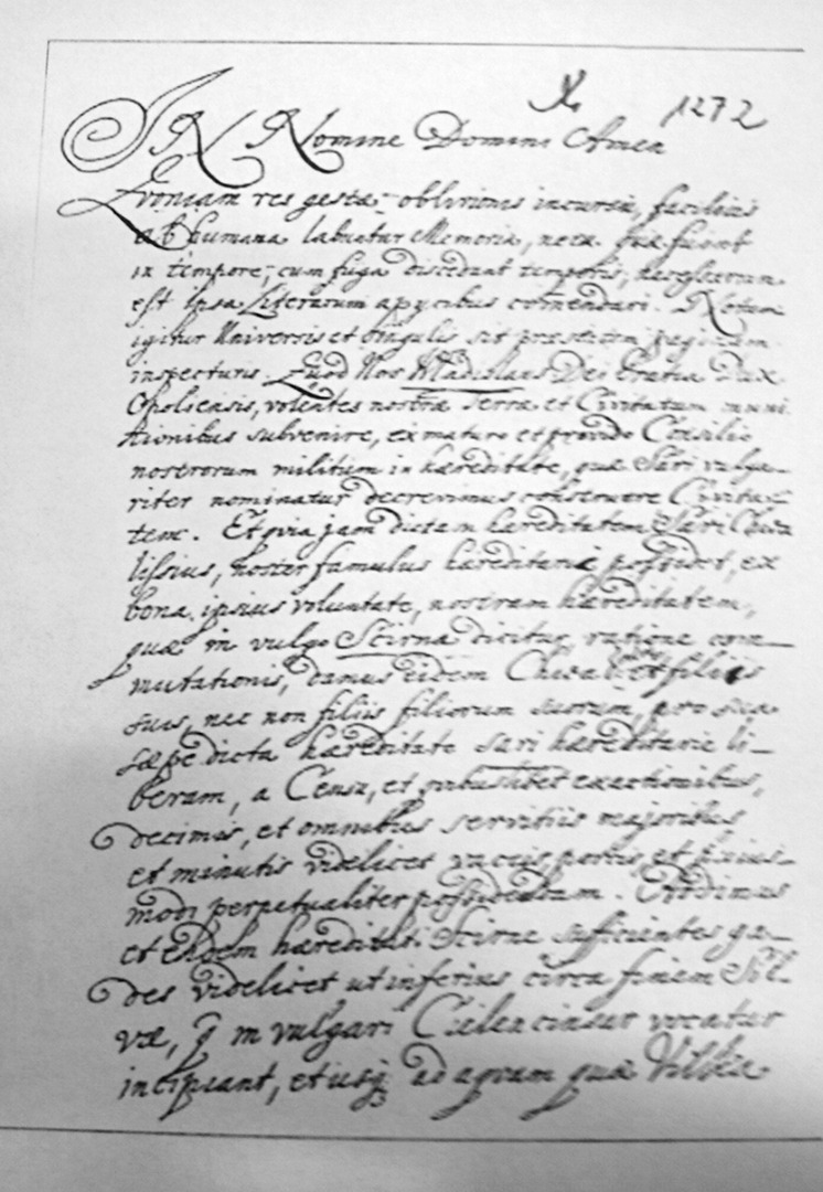 Fotokopia pierwszej strony osiemnastowiecznego odpisu dokumentu przechowywanego w archiwum  w Pszczynie, opublikowana w książce Idziego Panica: „Żory we wczesnym średniowieczu”.